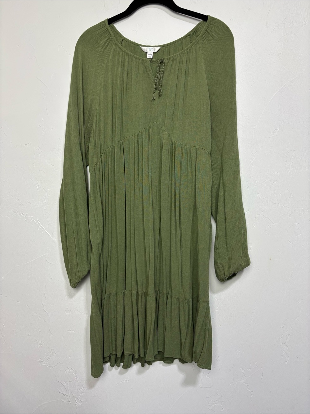 Time and Tru Women's Large 12-14 Olive Green Peasant Dress Long Sleeve Flowy